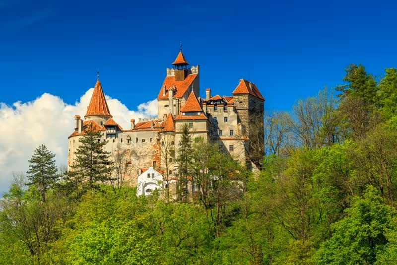 A dramatic view of Bran Castle in Transylvania, Romania